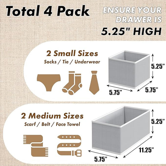 Simple Houseware Underwear Drawer Organizer for Sock/Bra/Undergarment/Panty/Onesie, Collapsible, Set of 4, Gray