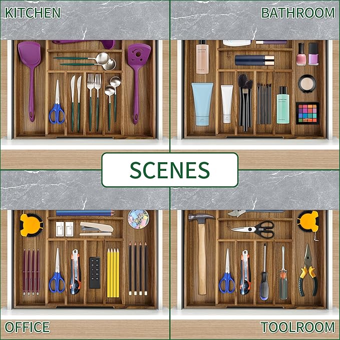 Utoplike Acacia Silverware Drawer Organizer for Cutlery, Adjustable Kitchen Utensil Drawers Organizers, Expandable Wooden Flatware Caddy, Dividers for Knives, Forks, Spoons, 6-8 Slots