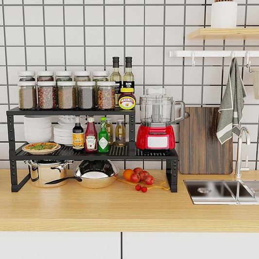 Expandable Adjustable Stackable Kitchen Organizer, Spice Rack,Metal Pantry Storage Shelves Racks,Counter Shelf for Cabinets, Countertop, Cupboard(2 Packs/Large/Black)