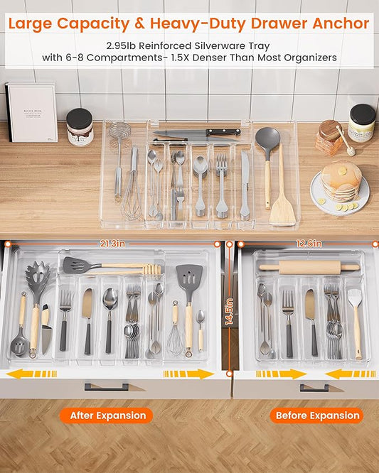 Flatware Organizer for Drawer Silverware Tray, Adjustable Food Grade Utensil Organizer Cutlery Holder for Kitchen Drawer, Heavy-Duty Plastic Storage for Spoons Forks Knives, Large, Clear