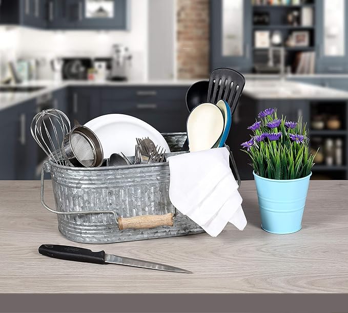 CLEENTABLE Farmhouse Galvanized Metal Utensil Caddy – 4-Compartment Silverware Organizer with Removable Handle for Countertop, Picnic & Party Use (10"x6.5"x5.5", Grey)