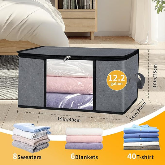 2 Pack Clothes Organizer Storage Bags with Zipper, 45L Foldable Blanket Storage Box with Clear Window Sturdy Handles for Closet, Dorm, Pillows, Bedding, Sweater, Clothing, Gray