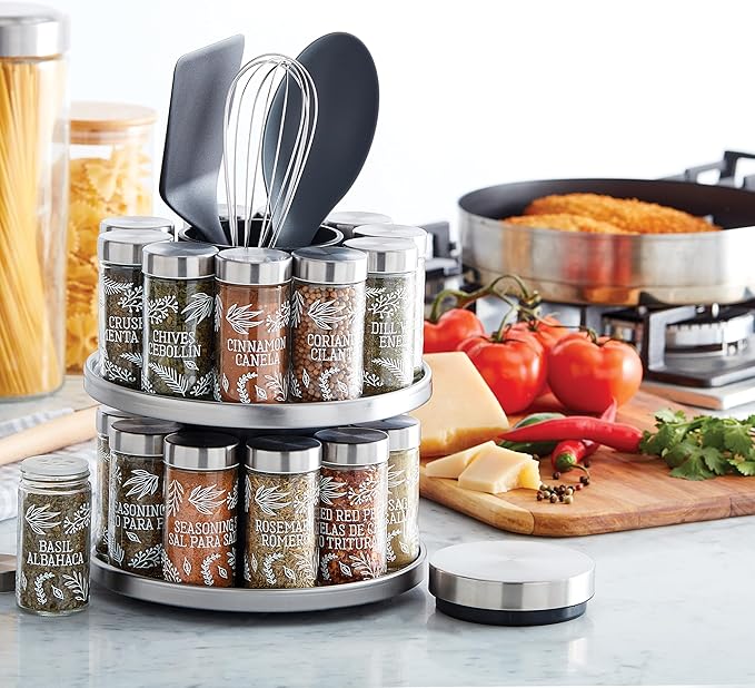 Kamenstein 20 Jar Revolving Spice Rack with Integrated Tool Caddy, Brushed Stainless Steel with Stainless Steel Caps
