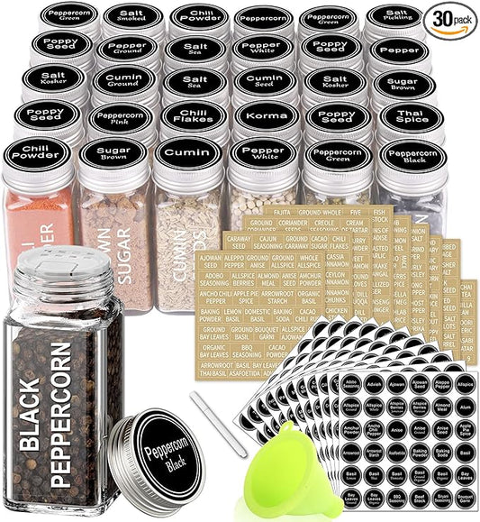 SWOMMOLY 30 Glass Spice Jars 4oz/Square Spice Bottles with 703 Spice Labels, Empty Spice Containers with Pour/sift Shaker Lid, Airtight Cap, Chalk Marker and Funnel Complete Set