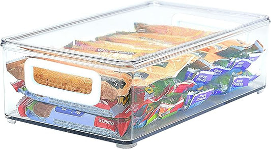 Youngever 2 Pack Stackable Plastic Storage Organizer Container Bins with Lids, Stackable Storage Bins with Handler for Refrigerator, Pantry (10" x 6" x 3")