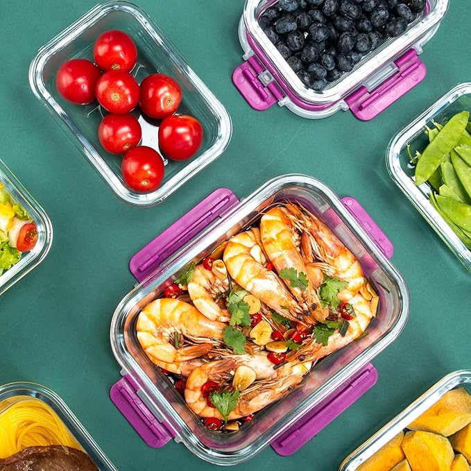 C CREST 10 Pack Meal Prep Glass Containers with Locking Lids - 5x 32oz + 5x 12oz - Ideal for Food Storage
