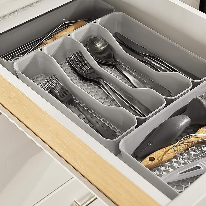 Spectrum Diversified Hexa Drawer Organizer Tray Modern Kitchen Cutlery, Utensil, Silverware Holder Caddy, 5 Dividers Cabinet Storage, 10 x 13, Stone Gray