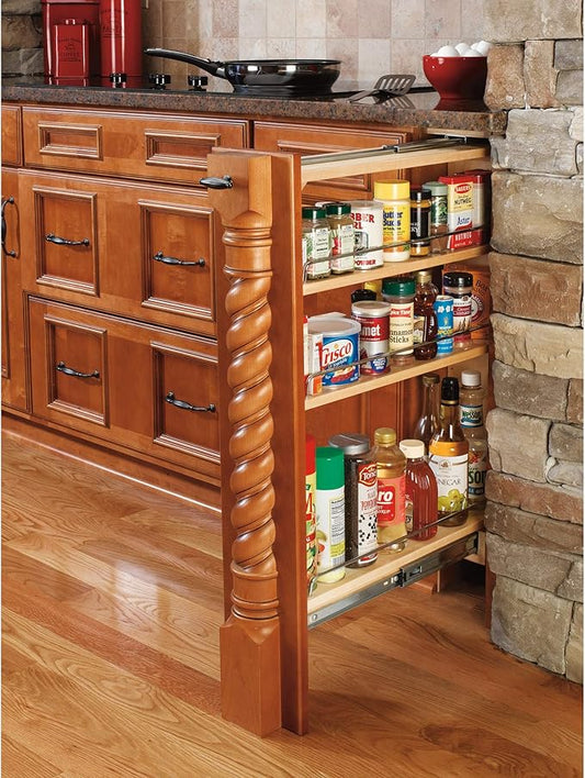 Rev-A-Shelf Pullout Shelf Organizer for Base Kitchen or Bathroom Cabinets, Wood Filler Pantry Storage or Spice Rack, Maple, 9" x 23" x 30", 432-BF-9C
