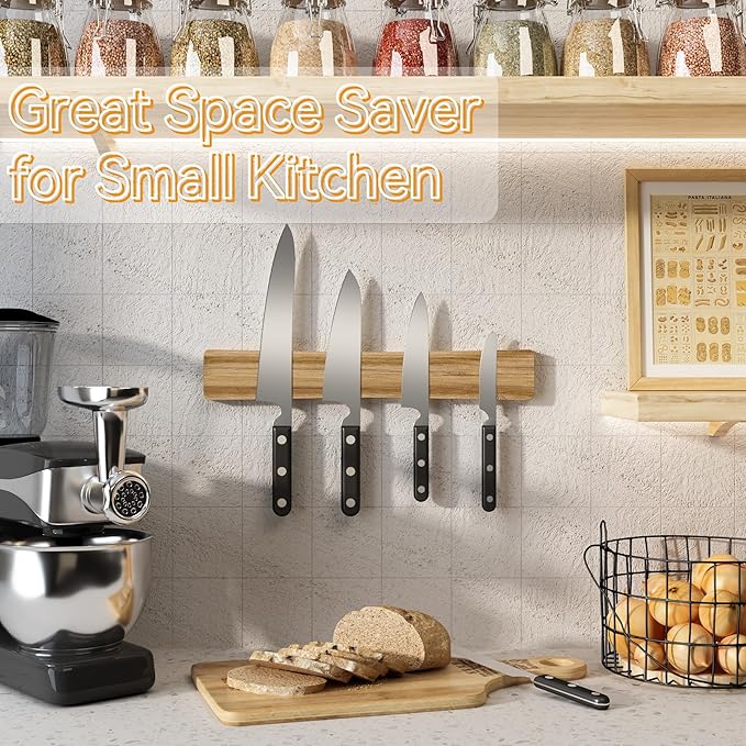 Magnetic Knife Holder for Wall, 16" Acacia Wood Knife Magnetic Strip Powerful Magnet Knife Holder Strip No Drill Use as Tool Key Storage Knife Bar, Knife Rack for Kitchen Utensil Organizer Light Brown