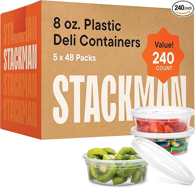 Stack Man [240 Sets - 8 oz.] Clear Plastic Containers with Airtight Lids - Deli Food Storage, Slime, and More - Bulk Pack - Small Containers with Lids - 240/Case Brand