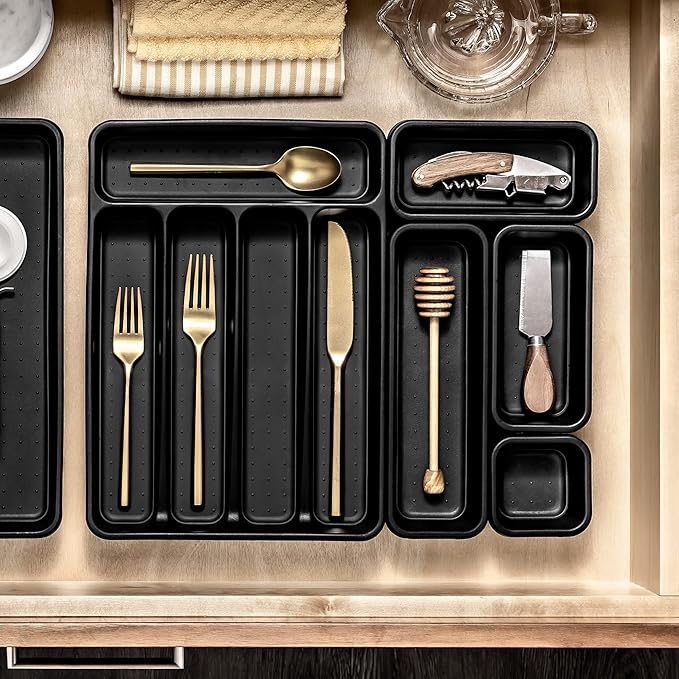 madesmart Premium Antimicrobial Classic Mini Silverware Tray, Soft Grip, Non-Slip Kitchen Drawer Organizer, 5 Compartments, Multi-Purpose Home