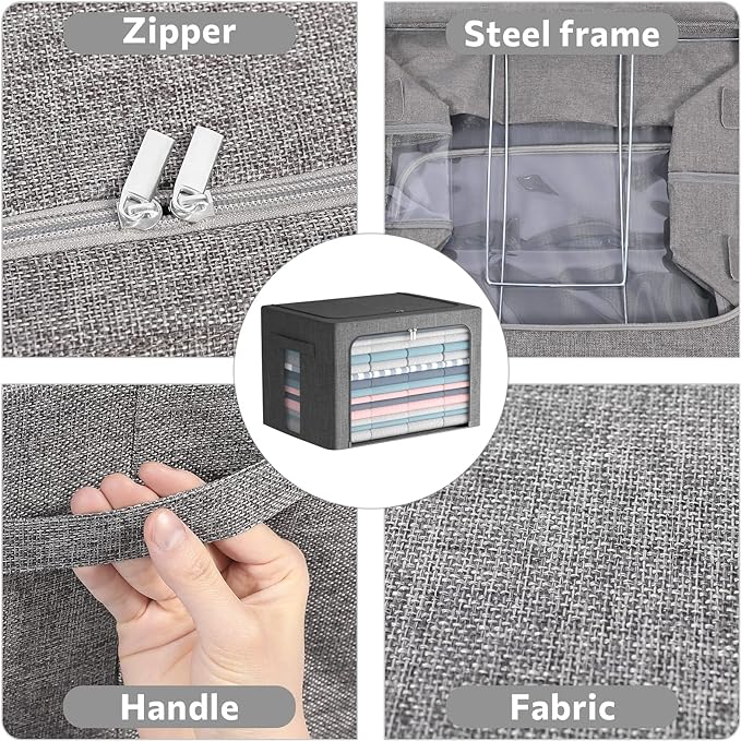 2 Pack Clear Window Storage Bins Foldable Fabric Storage Bins Boxes for Clothes Stackable Box Organizer Set with Carrying Handles (Gray,22L, 15.7x 11.8x 7.8 Inch)