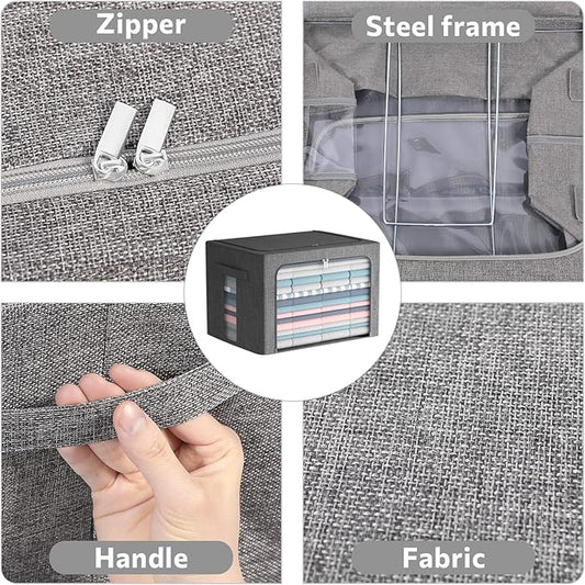 2 Pack Clear Window Storage Bins Large Foldable Fabric Storage Bins Boxes for Clothes Stackable Organizer Set with Carrying Handles19.7X 15.7X 12.6 Inches