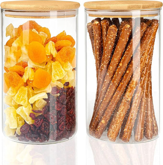 Glass Food Storage Containers with Bamboo Lids, 2 Pack - 66 oz Airtight Clear Kitchen Organization Canisters, Glass Storage Jar With Bamboo Lid