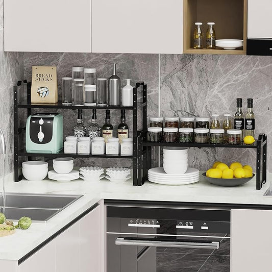 Expandable Shelf for Cabinet Organizer Adjustable Stackable Spice Rack at Kitchen and Bathroom More, Counter Countertop Cupboard Organization Pantry Storage (1 Pack/Black, Large)