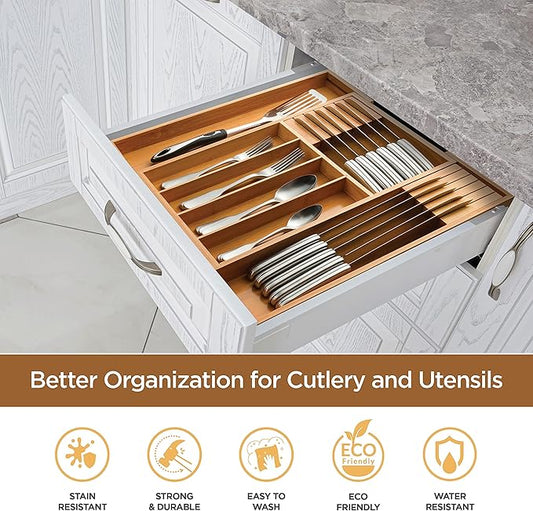 Bambüsi Drawer Organizer - Expandable Kitchen for Utensils, Cutlery, and Silverware (Utensils Utensil)