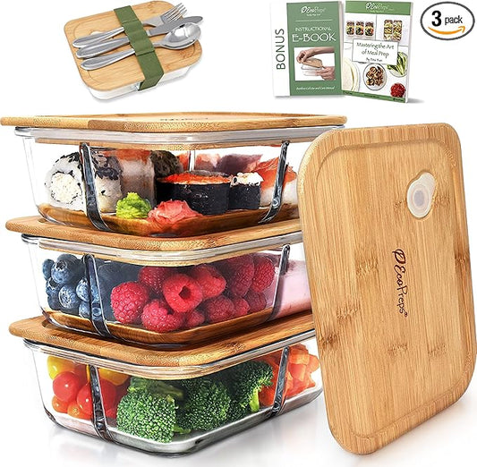Glass Bento Box Containers with Bamboo Lids, 3 Compartment Glass Meal Prep Containers (3 Pack) - 100% Plastic Free, Eco-Friendly Lunch Container Set, Bamboo Lid Bento Boxes for Adults