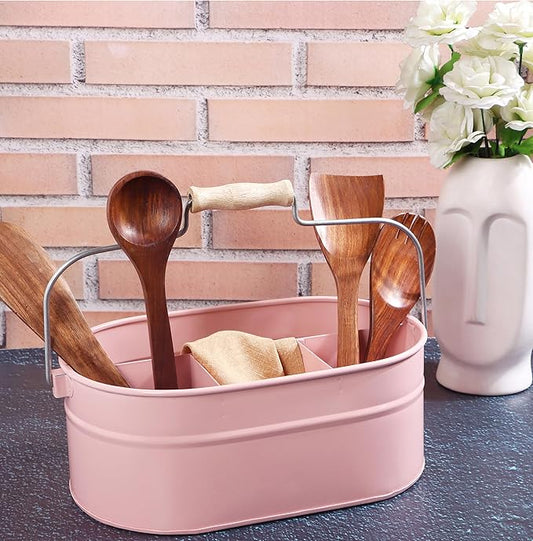 Alpha Living Home Farmhouse Utensil Caddy – 4-Compartment Silverware & Kitchen Organizer with Sturdy Wooden Handle, Durable Powder-Coated Finish (Lemonade)