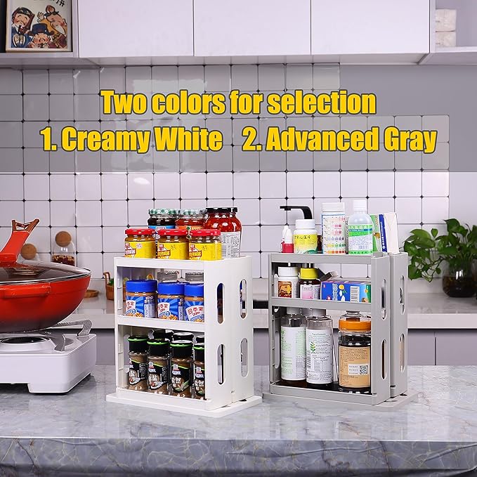 Spice Rack Organizer 3 tier Seasoning Holder, Pull and Rotated Storage Cabinet for Kitchen Bathroom Countertop 10.8”H x 5.8”W x 10.4”D (Creamy White)