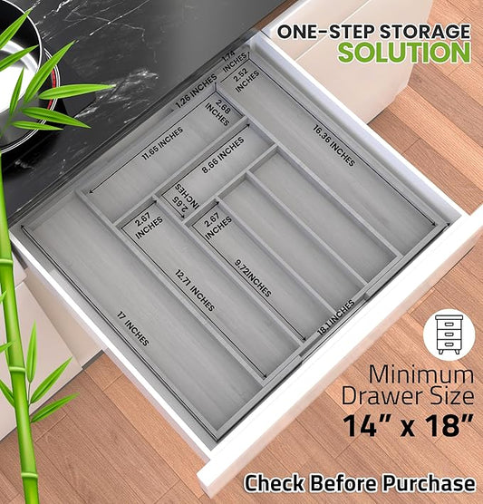 Utopia Kitchen Expandable Bamboo Utensil Drawer Organizer, Silverware Organizer for Cutlery, Utensils, Flatware Holder (6-8 Slots, Grey) Pack of 1