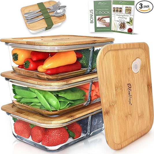 Glass Meal Prep Containers with Bamboo Lids, 2 Compartment Glass Bento Box Container Set (3 Pack) | 100% Plastic Free, Eco-Friendly, Lunch Containers with Lids Made of Bamboo - Set of 3
