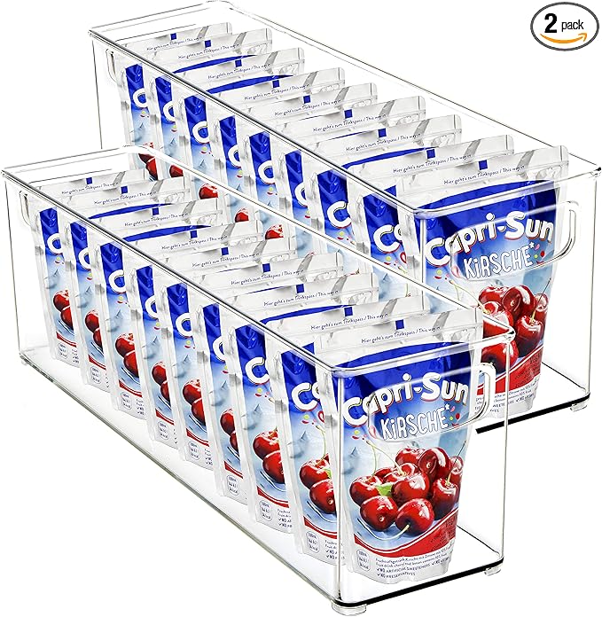 Youngever 2 Pack Stackable Plastic Storage Organizer Container Bin, Stackable Storage Bins with Handler for Refrigerator, Pantry (16" x 4" x 5")