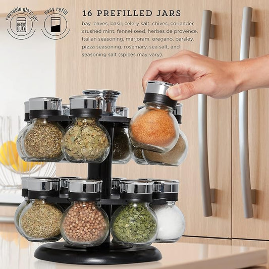 Kamenstein 16 Jar Ellington Revolving Countertop Spice Rack with Lift & Pour Caps and Spices Included, FREE Spice Refills for 5 Years: Black and Chrome