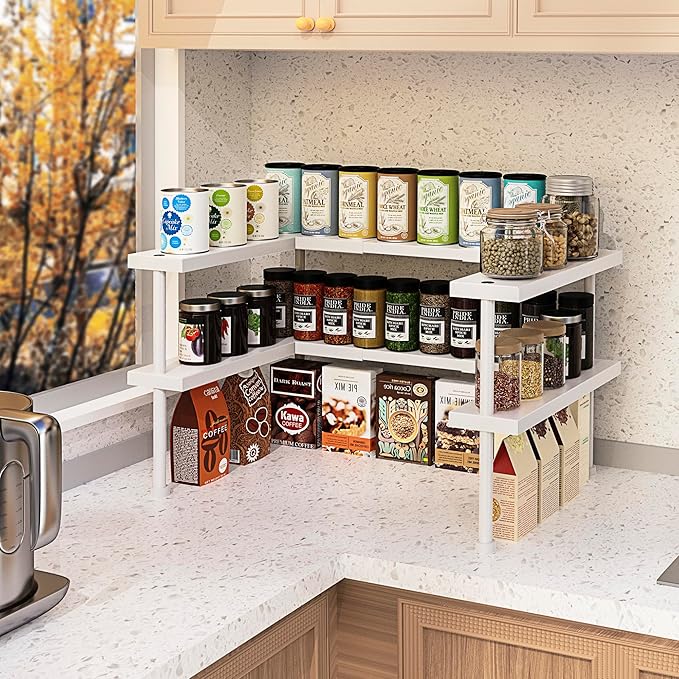 DOLALIKE Expandable Spice Rack Organizer, Stackable Cabinet Shelf Organizer Rack, Space Saving Kitchen Seasoning Organizer Storage for Home Pantry Cupboard (White)