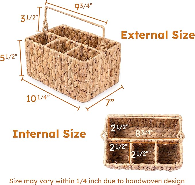 KOLWOVEN Wicker Utensil Caddy Carrier, Wicker Flatware Organizer, Hand Woven Water Hyacinth Cutlery Holder for Countertop with Handle