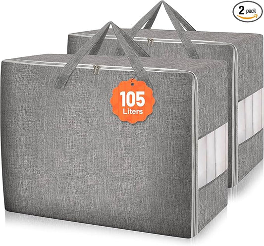2 Pack 105L Comforter Storage Bags, Extra Large Bedding Storage Bags with Clear Window, Reinforced Handles & Zippers, Foldable Closet Organizers for Blanket Pillow Clothes