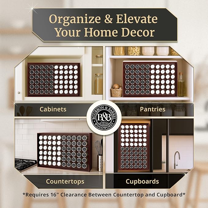 BOURBON & BARREL Wooden Spice Rack Organizer with Glass Jars | Stainless Steel Lids | Bamboo Countertop Spice Organization | 350 Waterproof Spice Labels | 2 Chalk Markers | 60 4oz Jars [Cherry]