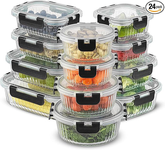JoyJolt 24pc Fluted Glass Storage Containers with Lids. 12 Airtight, Freezer Safe Food Storage Containers, Pantry Kitchen Storage Containers, Glass Meal Prep Containers for Lunch