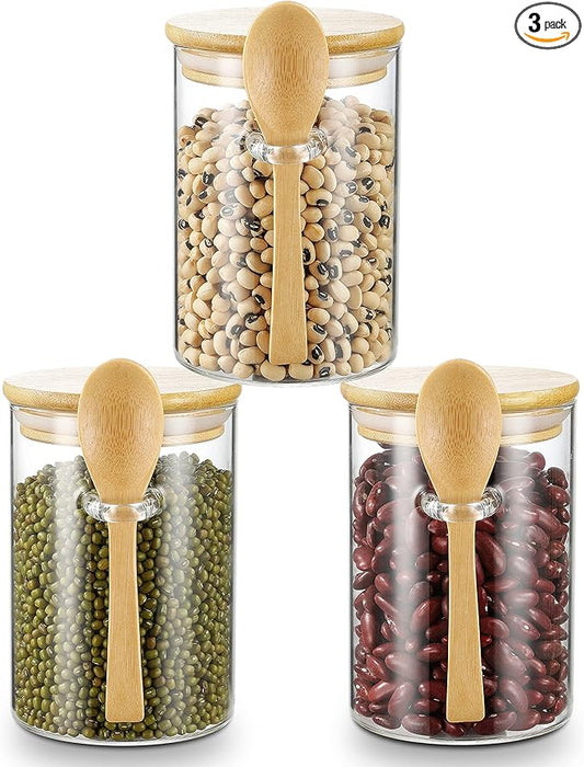 Set of 3 Airtight Glass Jars with Bamboo Lids and Spoon,17 oz Classy Canisters with Spoon,Glass Food Jars with Spoon for Coffee Beans,Tea,Flour,Sugar,Nuts,Candy