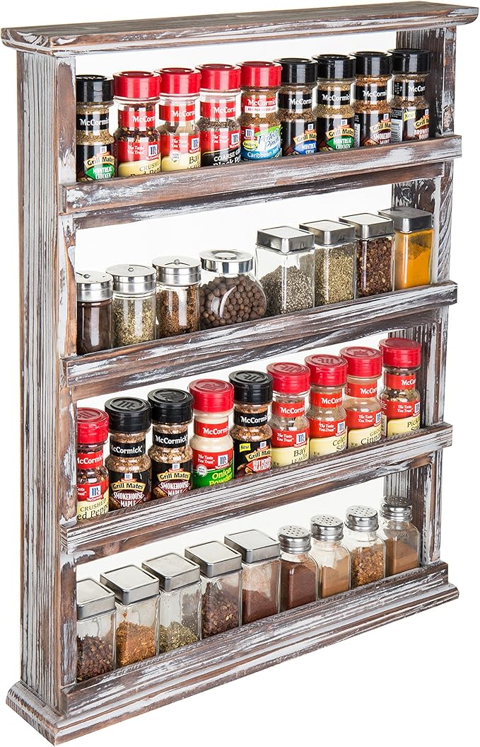 MyGift Rustic Torched Wood Wall Hanging Spice Rack, 4 Tier Seasoning Jar Shelves Pantry Organizer