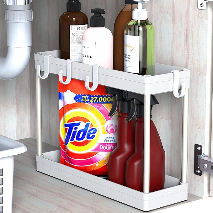 Simple Houseware 2-Tier Under Sink Organizer Storage Tray with Hooks, White