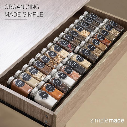 SIMPLEMADE-Spice Drawer Organizer, Spice Rack Drawer for Kitchen, 4 Tier Black Drawer Spice Organizer with 28 Jars and labels with a pen, Silicone Funnel, 13" by 17.5"