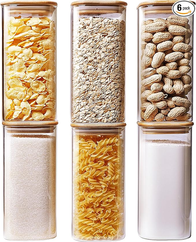 Square Glass Jars with Bamboo Lids 34 FL OZ [Set of 6], Glass Canisters with Airtight Lid, Glass Food Storage Container for Pasta, Flour, Sugar, Rice, Best for Kitchen & Pantry