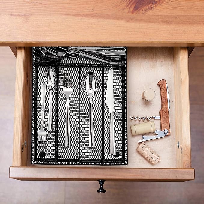 LIANYU Silverware Utensil Drawer Organizer, 5 Compartments Steel Mesh Cutlery Flatware Tray with Foam Feet, 9 1/4" W x 12 1/2" L x 2" H, Black
