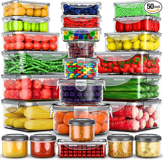 RockBerry 50 Pcs Large Food Storage Containers with Lids Airtight-Total 526OZ Stackable Kitchen Set-85 OZ to small Containers-BPA Free Leak proof containers- Freezer Microwave safe