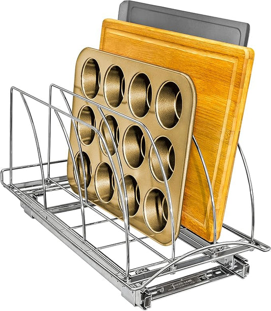 LYNK PROFESSIONAL® Pull Out Cutting Board, Cookie Sheet, and Baking Pan Organizer Rack - Lifetime Ltd. Warranty - Slide Out Kitchen Cabinet Storage Organizers – 10” x 21” Deep - Pullout Shelf, Chrome