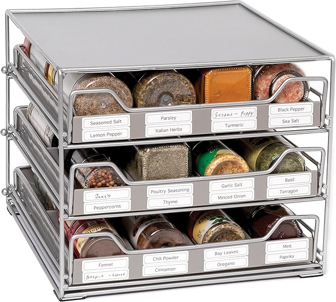 Lipper International 8724 Three-Tier Tilt-Down Kitchen and Cooking Spice Drawer Rack with 96 Labels, Silver, 24 Bottle Capacity