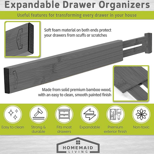Homemaid Living Bamboo Drawer Dividers Adjustable and Expandable, Kitchen Drawer Organizer, Ideal for Silverware, Dresser Drawer Organizer or Bedroom, Bathroom Drawers Organizers (4pk)