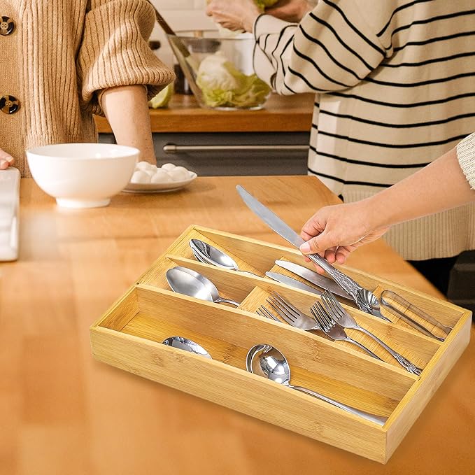 Hiceeden Bamboo Silverware Drawer Organizer, 7 Slots Kitchen Flatware Organizer, 15.7" x 9.4" x 2.4" Drawer Silverware Tray Utensil Cutlery Holder Dividers for Knives, Forks, Spoons