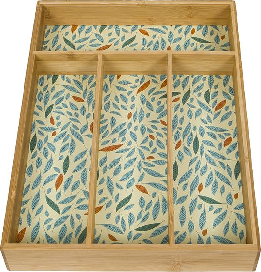 Evriholder DUOG6-AMZ Utensil Organizer Kitchen Drawer Divider, 4 Compartments with Decorative Feather Patterned Lining, Made of 100% Sustainably Sourced Bamboo, Green
