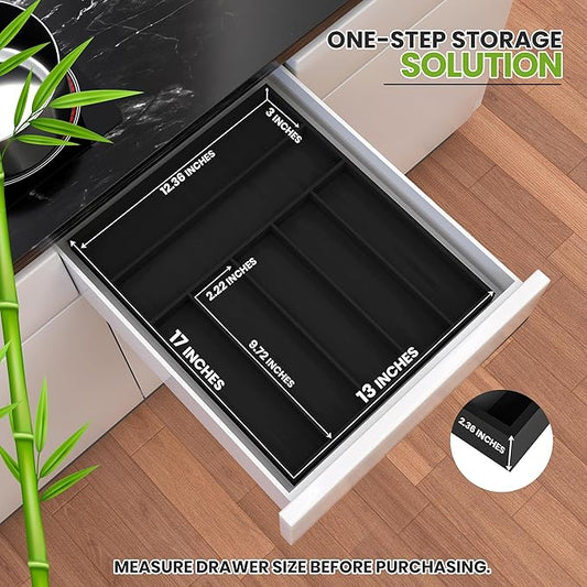 Utopia Kitchen Silverware Organizer, Bamboo Utensil Drawer Organizer for Cutlery, Utensils & Flatware (7 Compartment, Black) Pack of 1