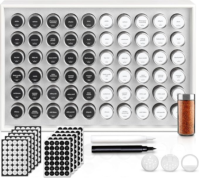 BOURBON & BARREL Wooden Spice Rack Organizer with Glass Jars | Stainless Steel Lids | Bamboo Countertop Spice Organization | 350 Waterproof Spice Labels | 2 Chalk Markers | 60 4oz Jars [White]