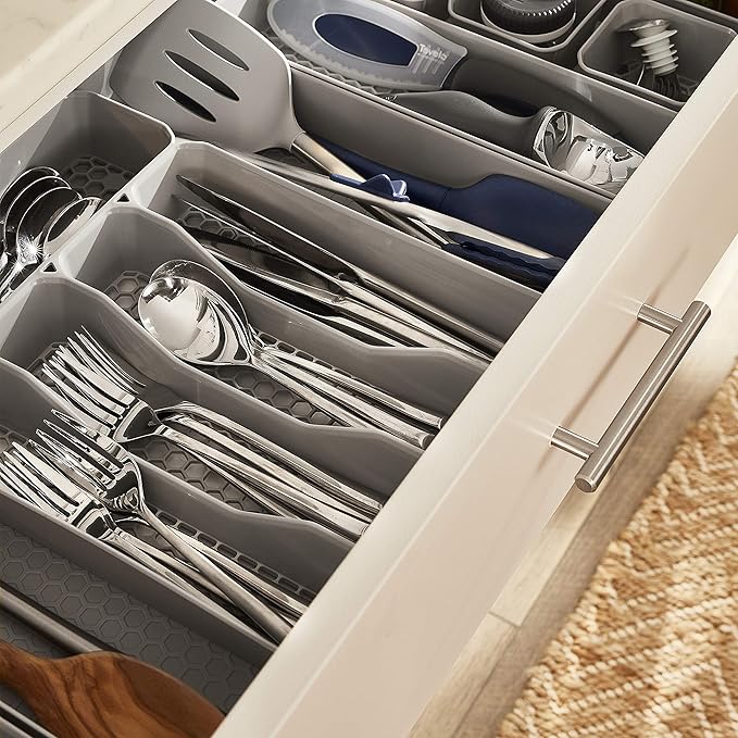 Spectrum HEXA 5-Divider Expandable Silverware Tray (Stone Gray) - In-Drawer Organizer for Kitchen Accessories, Cutlery, Knives, & More/Easy-to-Clean Home & Apartment Essential (Pack of 2)