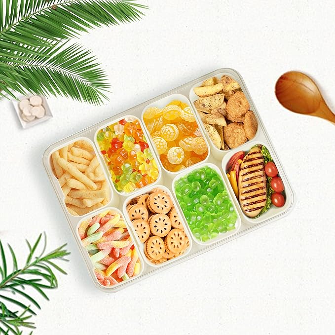 Snackle Box Container: Divided Serving Tray with Lid and Handle, Includes 8 Compartments for Dry Fruit Snack Box, Portable Fruit Tray Great for Kitchen, Party, Picnic, Travel