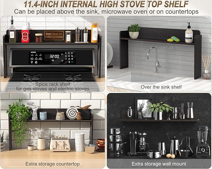MyLifeUNIT Over The Stove Shelf, 31.5" Wood Stove Top Shelf for Back of Gas Stove, Electric Stove or Curved Stove Spice Rack Shelf for Countertop, Black