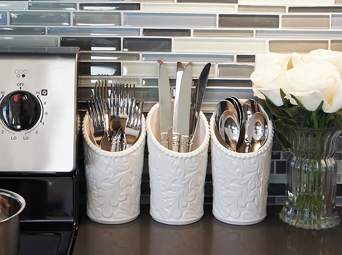Kitchen Tool Crock (4 Pieces) - 3 Ceramic Utensil Holders (4" Dia x 7" H each) & 1 Metal Caddy - White & Embossed Design